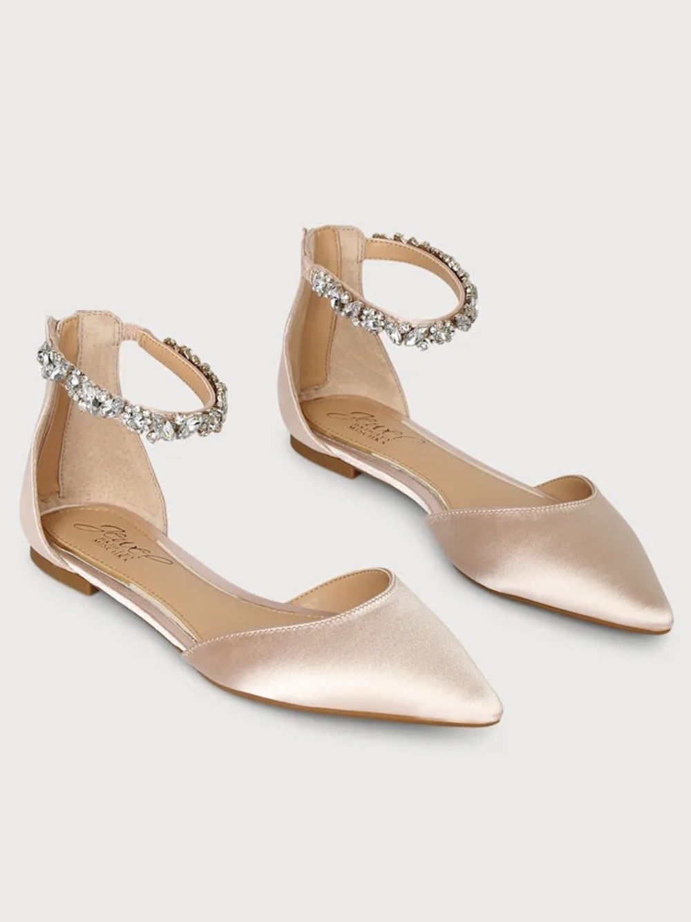 Badgley Mischka Cassidy Champagne Satin Rhinestone Pointed-Toe Flats Size 9.5